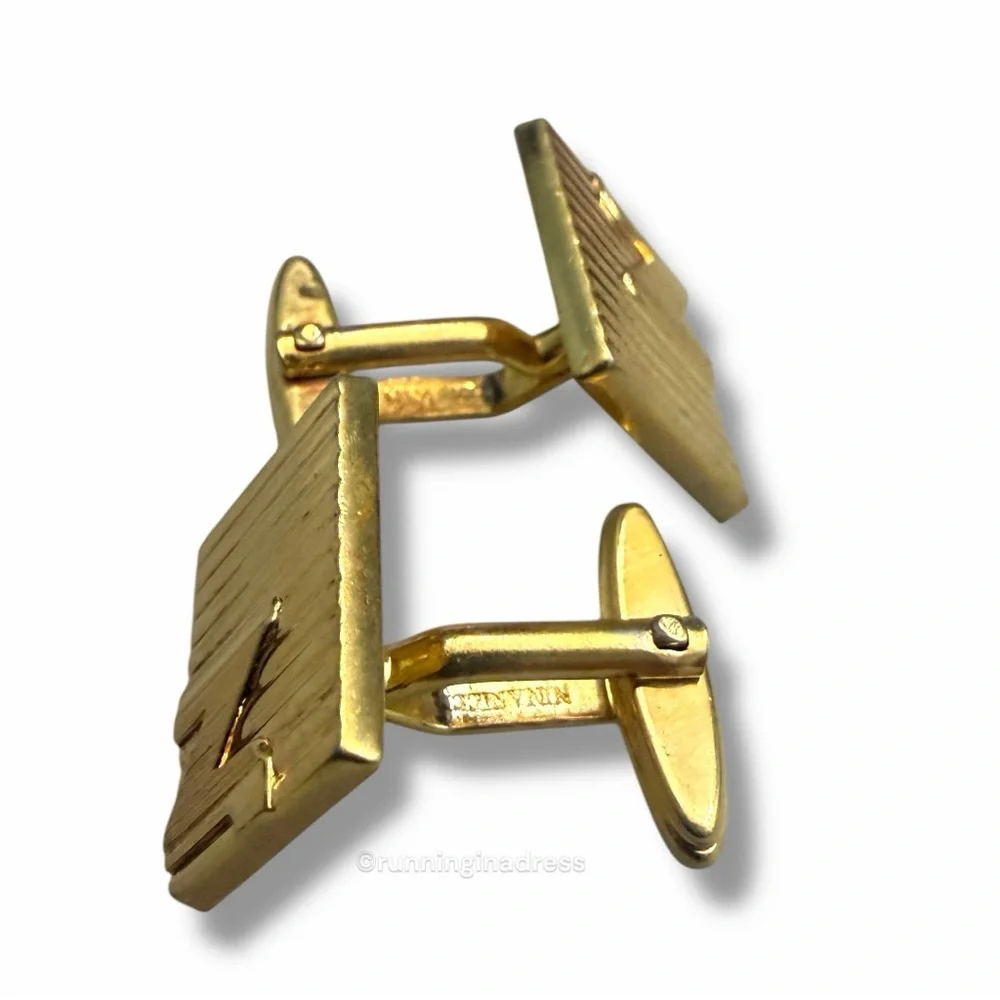 VTG 1980s Nina Ricci Gold Ribbon Textured N Monogram Cufflinks